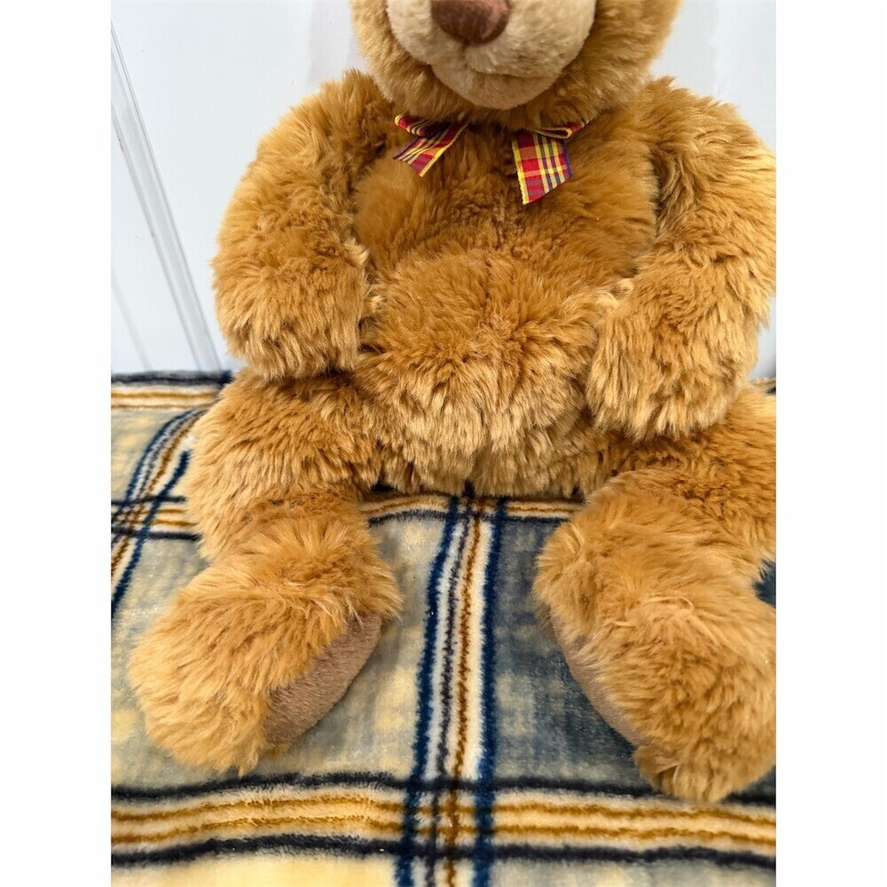 GUND Snoodles Teddy Bear Plush Brown w/ Plaid Bow 18 in Vintage - Picture 7 of 12